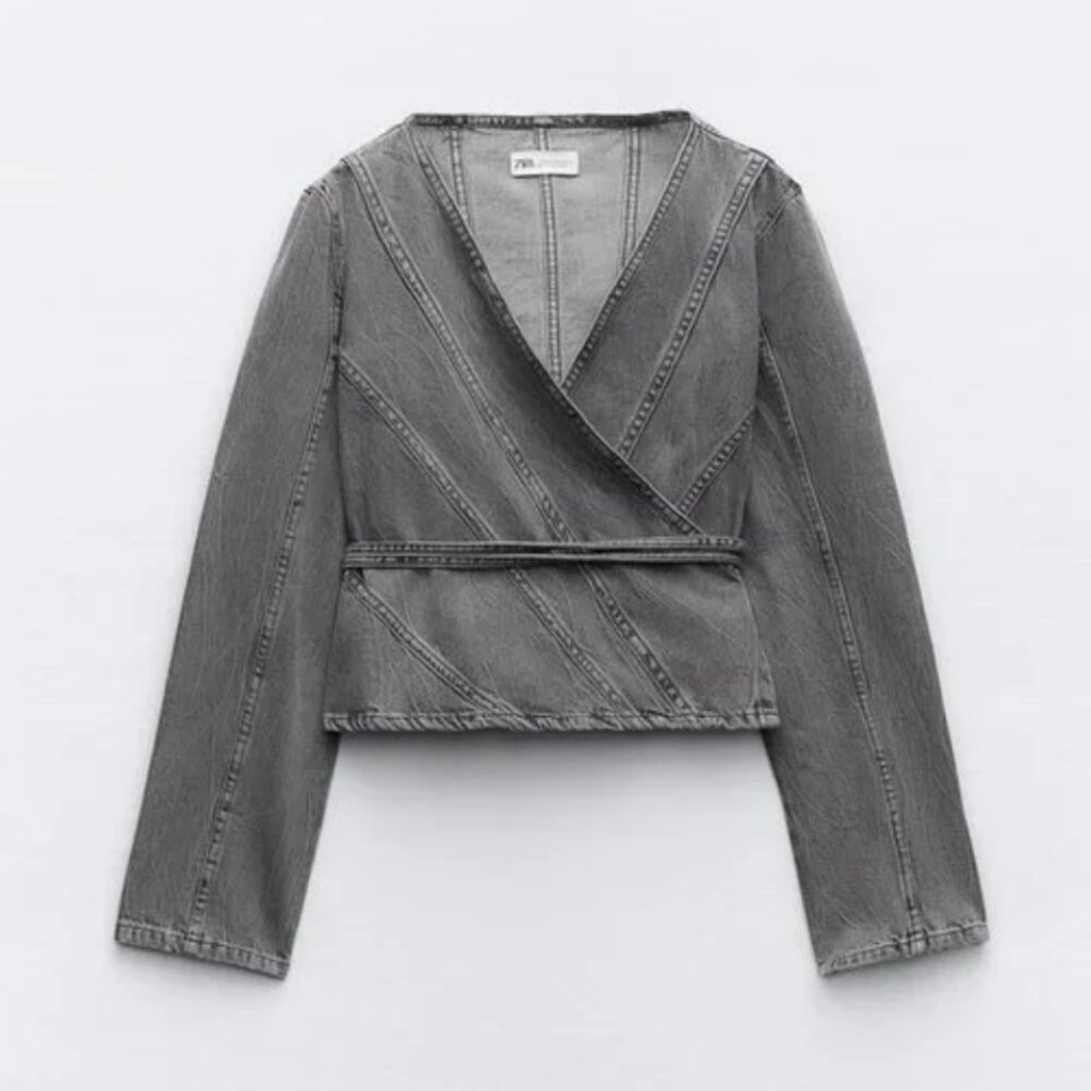NWT ZARA WRAP FRONT TRF DENIM SHIRT GRAY